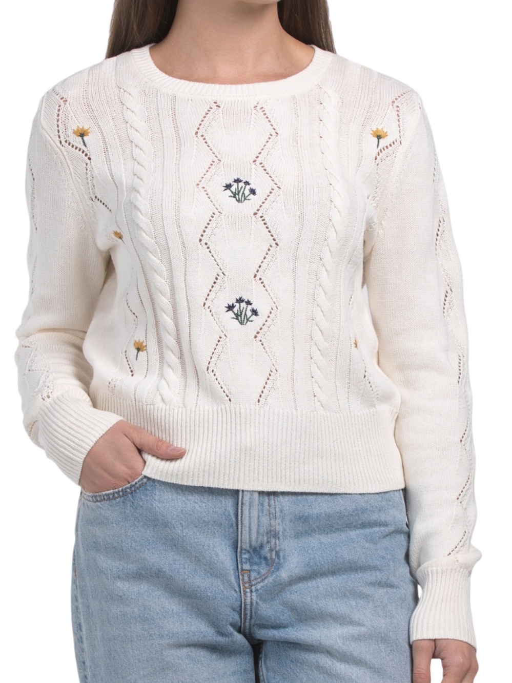 Lucky Brand Women's Cream Embroidered Cable-Knit Sweater